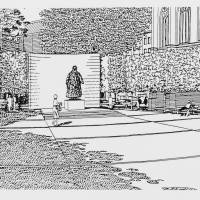 Schetsontwerp van architect Van Embden voor de omgeving van het Wilhelmina-beeld, ca. 1982, tekening, collectie RKD